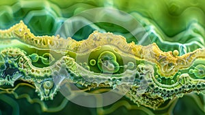 A crosssectional view of a chloroplast with its various layers and structures clearly visible resembling a multilayered photo