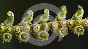 A crosssectional view of a fern stem with coneshaped structures bursting with spores visible throughout. .