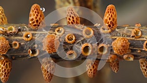 A crosssectional view of a fern stem with coneshaped structures bursting with spores visible throughout. . AI generation