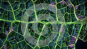 A crosssectional view of a leaf revealing the intricate network of stomata on the surface. Each stoma is connected to a photo