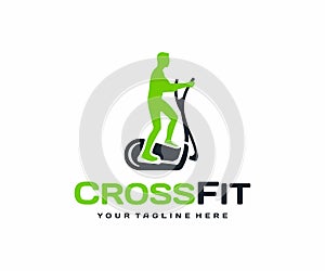 Crosstrainer workout logo design. Elliptical trainer with running man vector design