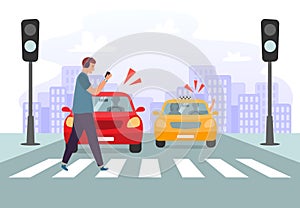 Crosswalk accident. Pedestrian with smartphone and headphones crossing road on red traffic lights, road safety vector