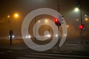 Crosswalk in the city with pedestrian red stop light at night