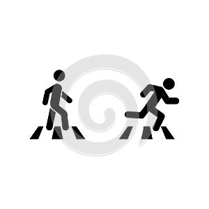 Crosswalk. Man walk and run across the road. Pedestrian is on the zebra, stick figure man icon. Vector on isolated white photo