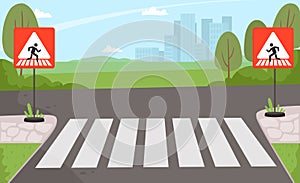 Crosswalk sign at street. Stop signs for cars, place for people walk road. Traffic, drive rules vector illustration