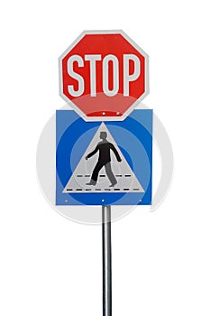 Crosswalk and stop road sign
