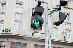 Crosswalk traffic light with same sex couple in love and a heart between them