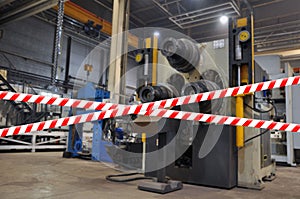 Crosswise protective tape. Does not work. Industrial bending machine for equipment for bending metal pipes