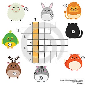 Crossword educational children game with answer. Animals theme. Learning vocabulary