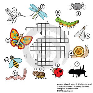 Crossword educational children game with answer. Insects theme