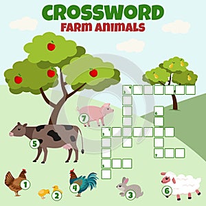 Crossword with farm animals. Vector education game for children.