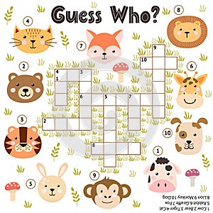 Crossword game for kids. Guess who activity with funny animals. Educational puzzle