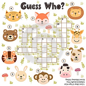 Crossword game for kids. Guess who activity with funny animals. Educational puzzle photo