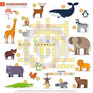 Crossword with huge set of illustrations and keyword in vector flat design isolated on white background. Crossword 1 -