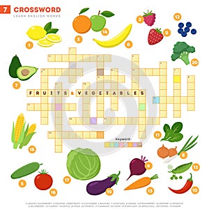 Crossword with huge set of illustrations and keyword in vector flat design isolated on white background. Crossword 7 -