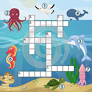 Crossword kids magazine book puzzle game of sea underwater ocean fish and animals logical worksheet colorful printable Illu