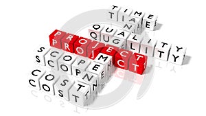 Crossword puzzle with dice showing project management concept