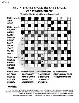 Crossword puzzle game of 15x15 size grid. Large print, quick style, criss-coss. No p22825, no hint letters.