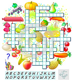 Crossword puzzle game with food. Educational page for children for study English words.