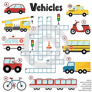 Crossword puzzle game for kids about vehicles