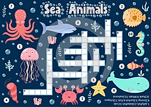 Crossword puzzle game of sea animals for kids. Underwater logical activity sheet