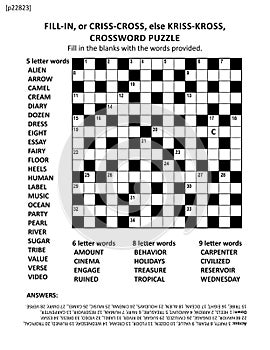 Crossword puzzle game of 15x15 size grid. Large print, quick style, criss-coss (or fill-in, else kriss-kross) . photo