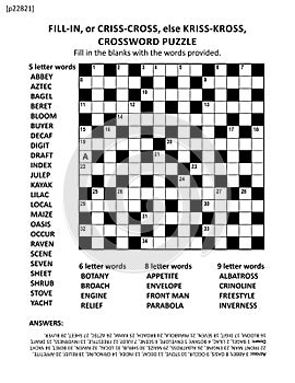 Crossword puzzle game of 15x15 size grid. Large print, quick style, criss-coss (or fill-in, else kriss-kross) . photo