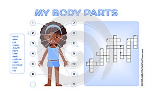 Crossword puzzle about my body parts and Cute African Black girl. Intellectual game on anatomy and biology for kids. Workpage to