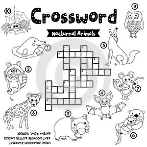 Crossword puzzle nocturnal animals coloring version