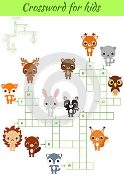Crosswords game of animals for children with pictures. Kids activity worksheet colorful printable version. Educational game for