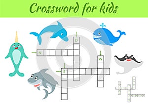 Crosswords game of animals for children with pictures. Kids activity worksheet colorful printable version. Educational game for