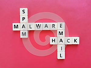 Crosswords malware, spam, email and hack against red background.
