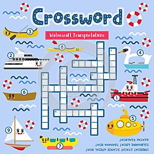 Crosswords puzzle game of watercraft Transportations for preschool kids activity worksheet