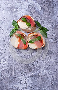 Crostini with salmon, mozarella, tomato and basil