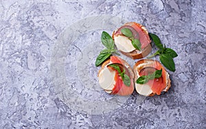 Crostini with salmon, mozarella, tomato and basil