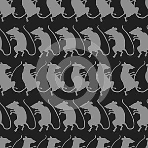 Crouching rats, gray silhouettes on black background. Seamless pattern, vector