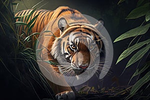 Crouching tiger. Big cat close up. The tiger is looking at you - Generative AI