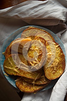 Croutons with cheese. Still life in rustic style