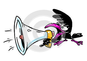 Crow black bird screams shout megaphone scandal news