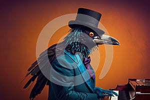 a crow dressed as a jazzman playing pianino, created with Generative AI technology