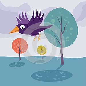 Crow flying over tree. Vector cartoon landscape.