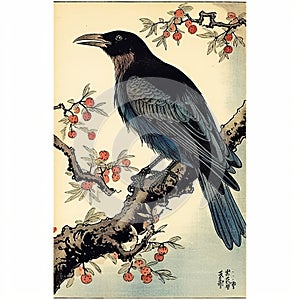 A crow Japanese Woodblock Art generative AI