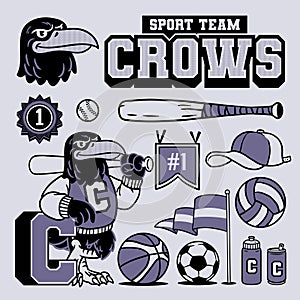 Crow Mascot and Sport Object Collection in Vintage Style