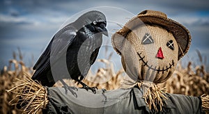 A Crow Perched on a Scarecrow in a Harvest Field