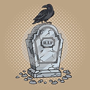 Crow sits on ancient tombstone pop art raster