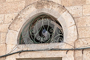 Crow  sitting on a metal fence of the Muslim part of the tomb of the grave of the prophet Samuel on Mount of Joy near Jerusalem in