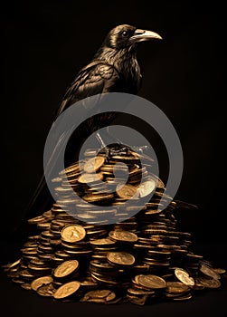 a crow sitting on pile of golden coins on black background generative AI