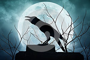 Crow sitting on the rock and croaks against full moon