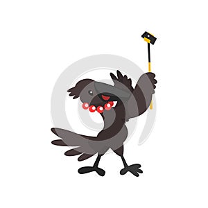 Crow taking a selfie with a smartphone, cute animal cartoon character with modern gadget vector Illustration on a white