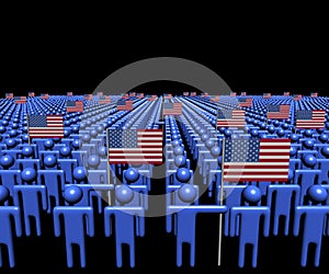 Crowd of abstract people with many American flags illustration